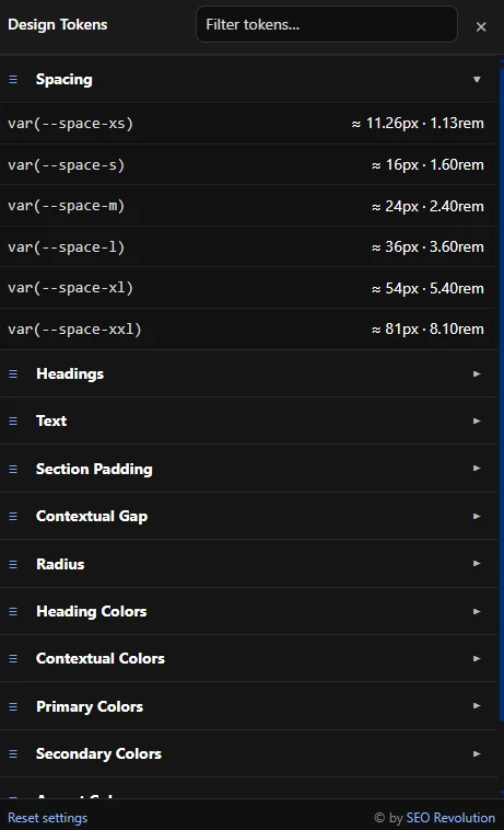 ACSS Design Token Bookmarklet zeigt eine geöffnete Übersicht mit Spacing Variablen und weiteren Designkategorien wie Headings, Text und Farben für Webdesigner und SEOs