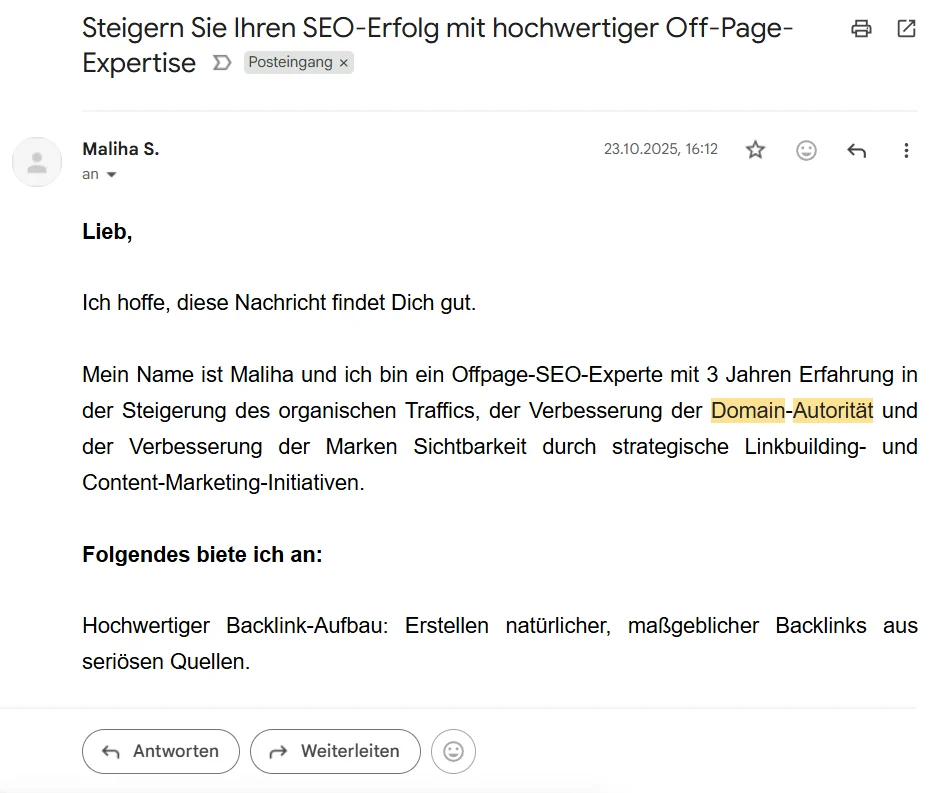 Screenshot einer E-Mail von einer Offpage-SEO-Dienstleisterin, die hochwertigen Backlink-Aufbau, Steigerung der Domain-Autorität und strategisches Linkbuilding anbietet.