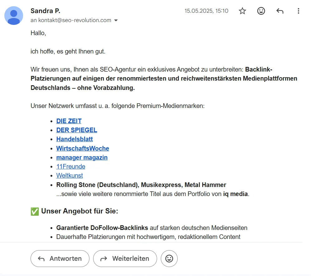 Screenshot einer E-Mail mit einem Angebot für Backlink-Platzierungen auf bekannten deutschen Medienseiten wie DIE ZEIT, DER SPIEGEL und Handelsblatt, inklusive Garantie für DoFollow-Backlinks und dauerhafte Platzierungen.