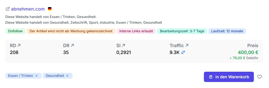 Screenshot einer Backlink-Plattform mit einem Angebot für einen DoFollow-Artikel auf der Website abnehmen.com inklusive Kennzahlen wie Domain Rating, Traffic, Preis und Laufzeit.