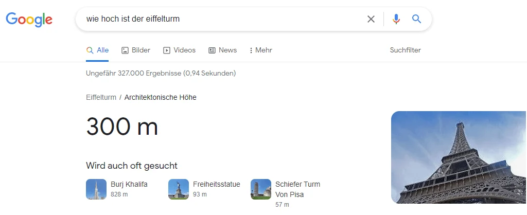 Google-Suche „Wie hoch ist der Eiffelturm?“ mit direkter Antwort „300 m“ – Beispiel für eine Know-Simple-Suchanfrage.