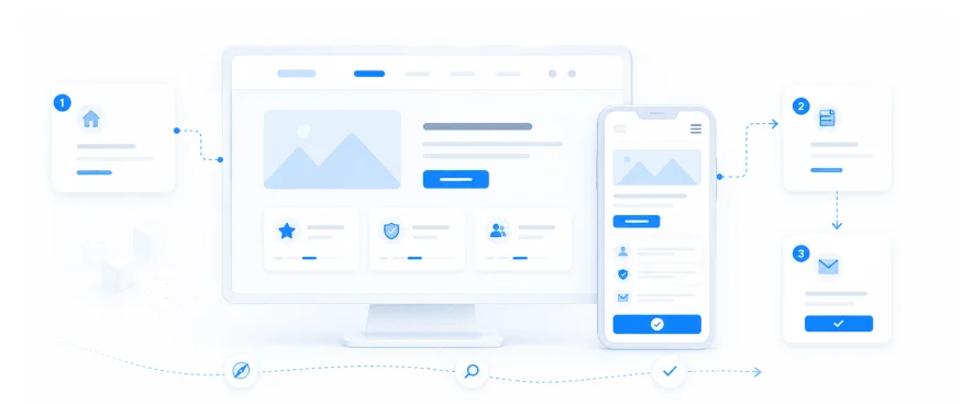 Illustration einer responsiven Website auf Desktop und Smartphone mit verbundenen Symbolkarten