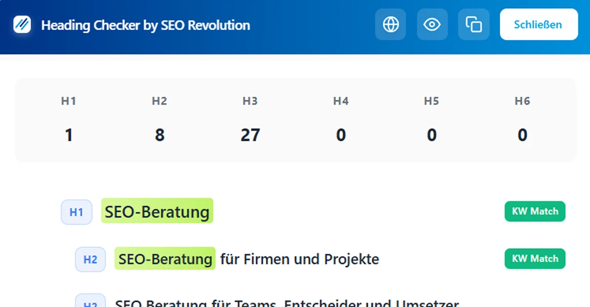 Screenshot des SEO Heading Checkers mit Analyse der Überschriftenstruktur und Keyword-Abgleich