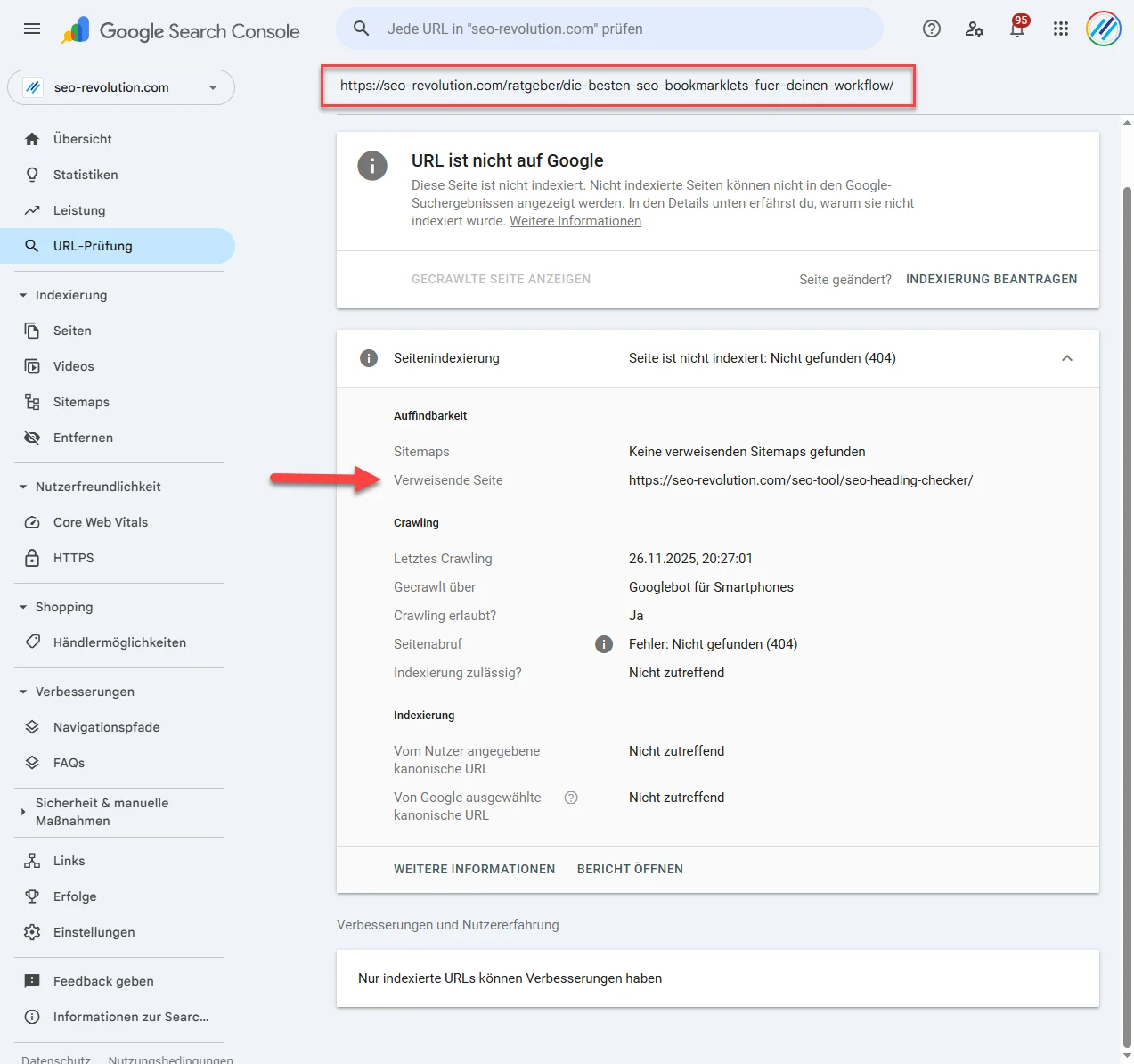 Google Search Console URL Prüfung mit Meldung URL ist nicht auf Google, Seite nicht indexiert wegen Fehler 404, Detailangaben zu Crawling Status verweisender Seite und letzter Crawl Zeitpunkt hervorgehoben
