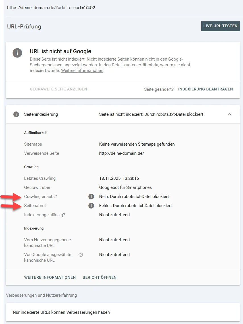 Detailansicht der Google Search Console für eine nicht indexierte URL mit Hinweis auf blockiertes Crawling und Seitenabruf durch die robots.txt Datei