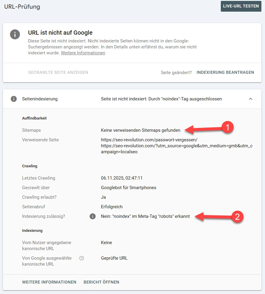 Detailansicht der URL Prüfung in der Google Search Console zeigt dass die Seite wegen eines erkannten noindex Meta Tags nicht indexiert werden kann und keine Sitemap Verweise vorhanden sind