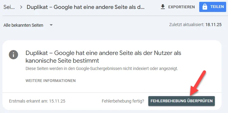 Google Search Console zeigt den Duplikat Fehlerbericht mit Button zur Überprüfung der Fehlerbehebung