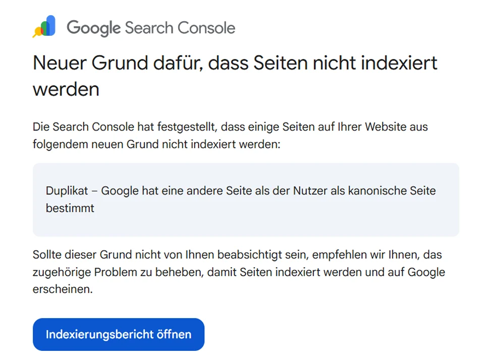 Google Search Console Hinweis zu Indexierungsproblemen: Meldung zeigt, dass Seiten nicht indexiert werden, weil Google eine andere URL als kanonisch ausgewählt hat.
