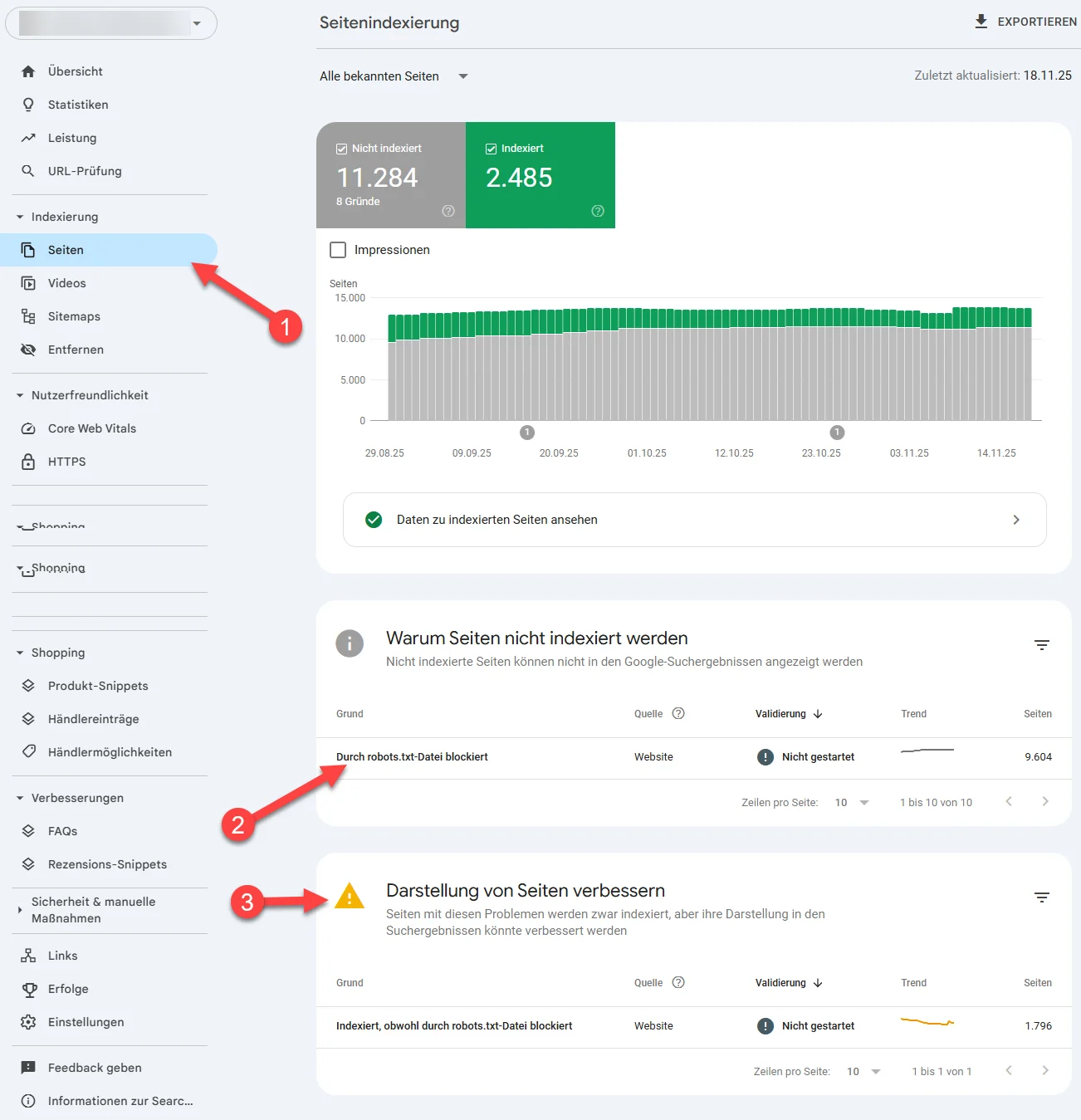 Google Search Console Seitenindexierung mit markiertem Menüpunkt Seiten sowie Hinweis auf den Fehler durch robots.txt Datei blockiert und zusätzlichen Warnhinweisen zur Darstellung von Seiten