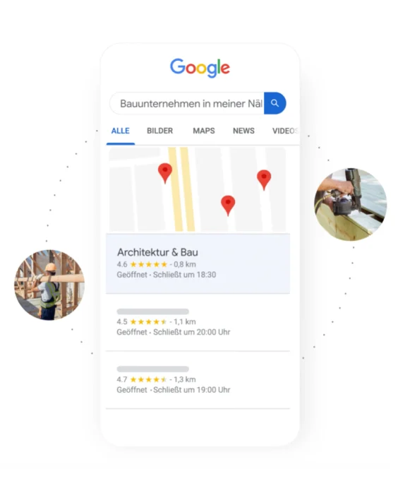 Beispiel einer Google-Suchergebnisdarstellung mit Kartenansicht und lokalen Unternehmensprofilen