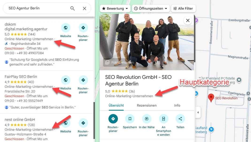 Screenshot eines Google-Unternehmensprofils einer SEO Agentur in Berlin mit hervorgehobener Hauptkategorie Online-Marketing-Unternehmen