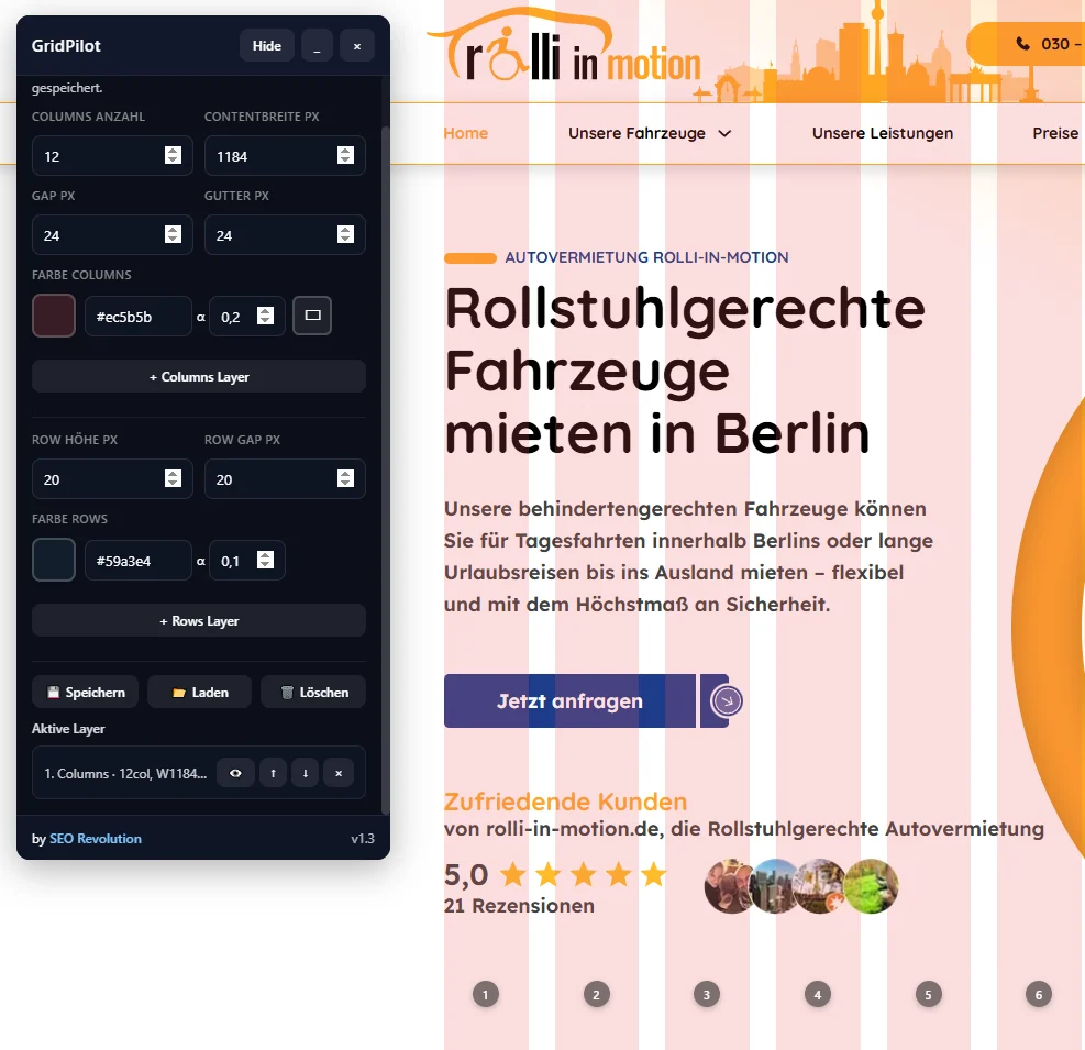 GridPilot Bookmarklet in Aktion zeigt ein transparentes 12-Spalten-Layout über der Webseite von Rolli in Motion, um das Grid für Webdesign und SEO visuell darzustellen