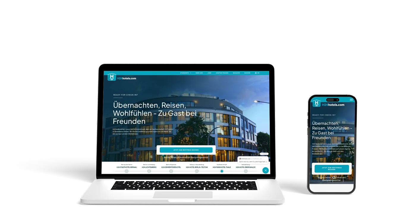 Mockup der H24 Hotels Website auf Laptop und Smartphone – moderne, benutzerfreundliche Hotel-Webseite mit Online-Buchung.