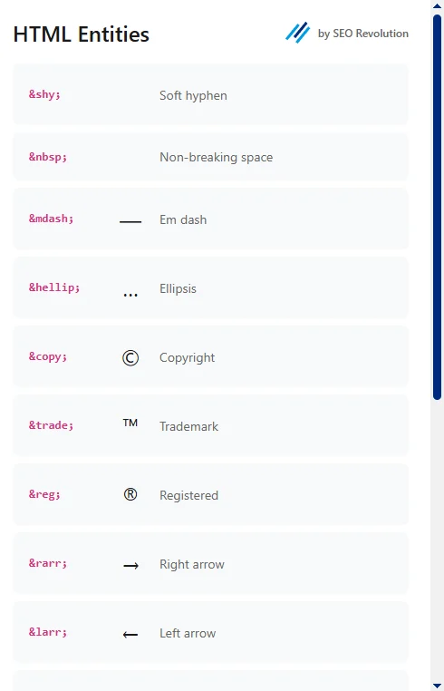 HTML-Entities Übersicht mit Symbolen wie Soft Hyphen, Non-Breaking Space, Em Dash, Ellipsis, Copyright, Trademark, Registered sowie verschiedenen Pfeilen