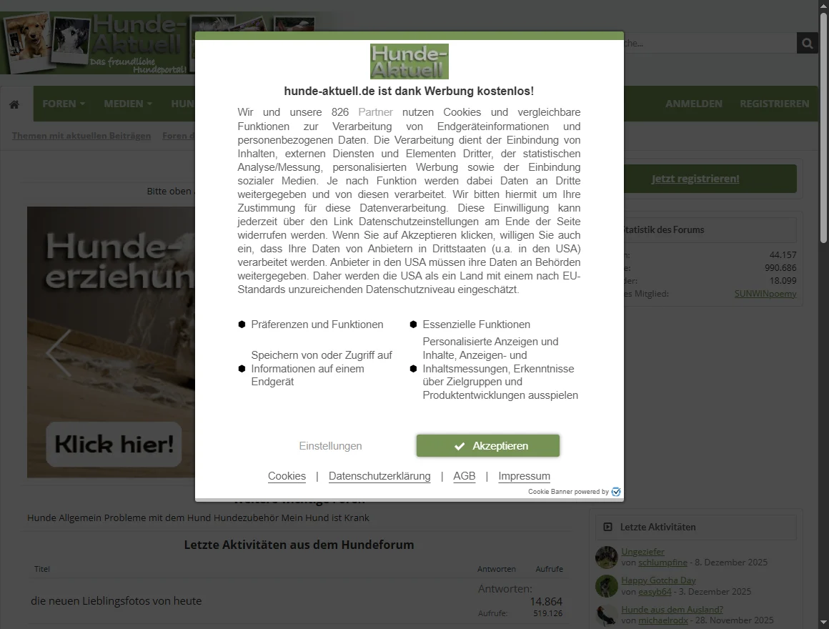 Cookie-Consent-Banner auf der Website hunde-aktuell.de mit Hinweis auf werbefinanzierten Betrieb und Zustimmung zur Verarbeitung personenbezogener Daten.