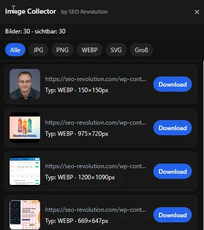 Image Collector Bookmarklet zeigt eine Liste aller auf der Webseite gefundenen Bilder mit Vorschau und Download Funktion