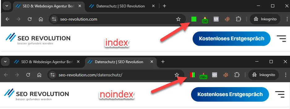 Vergleich zwischen einer indexierten und einer per noindex ausgeschlossenen Seite anhand der Browseranzeige wobei das Plugin Symbol oben grün für index und rot für noindex zeigt
