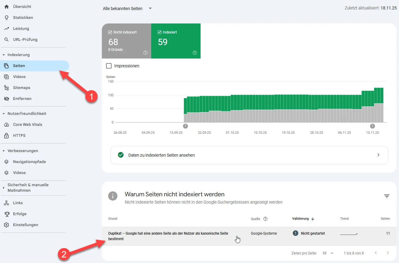 Übersicht der Google Search Console mit dem Menüpunkt Seiten und dem Fehlergrund Duplikat Google hat eine andere Seite als kanonische URL bestimmt