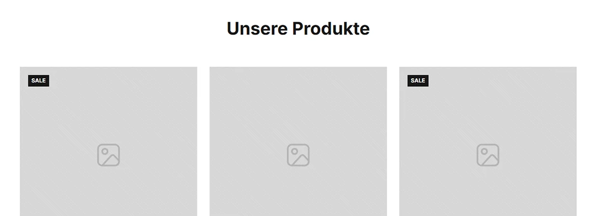 Leere Produktübersicht mit Platzhaltern und der Überschrift „Unsere Produkte“ – Beispiel für unoptimierte oder fehlende SEO-Inhalte im Onlineshop.