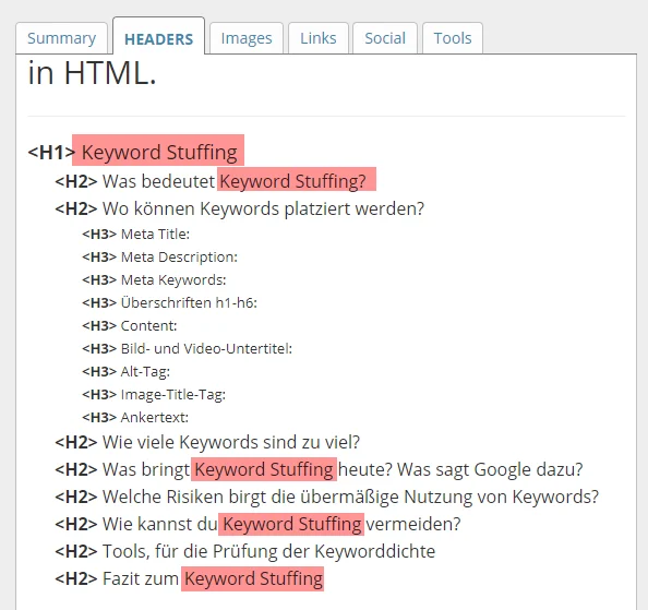 keywords in ueberschriften