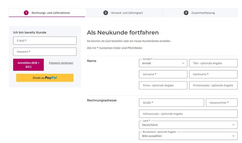 Screenshot eines umfangreichen Checkout-Formulars mit vielen Pflichtfeldern für Neukunden – Beispiel für einen umständlichen Bestellprozess.