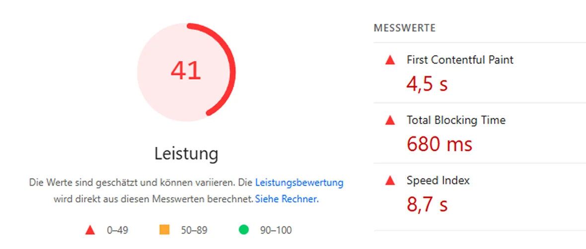 Google PageSpeed-Analyse mit einem Leistungswert von 41 Punkten und langen Ladezeiten – zeigt Optimierungsbedarf bei der Website-Performance.