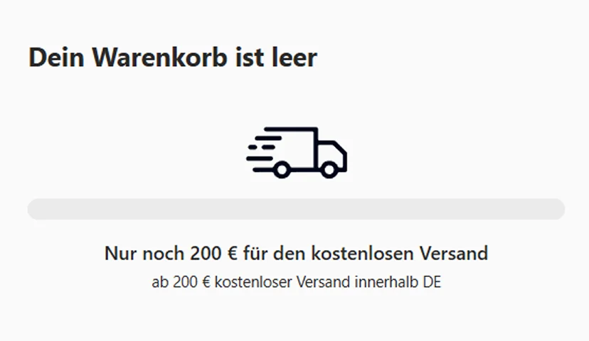 Hinweis auf einer Shop-Seite mit Text „Dein Warenkorb ist leer“ und Versandinformation ab 200 € Bestellwert.