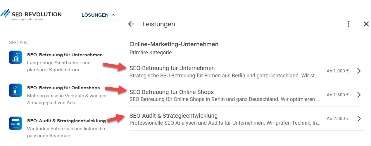 Google My Business-Dashboard mit den Leistungen eines Unternehmens, darunter SEO-Betreuung für Unternehmen, SEO für Online-Shops und SEO-Audit & Strategientwicklung.