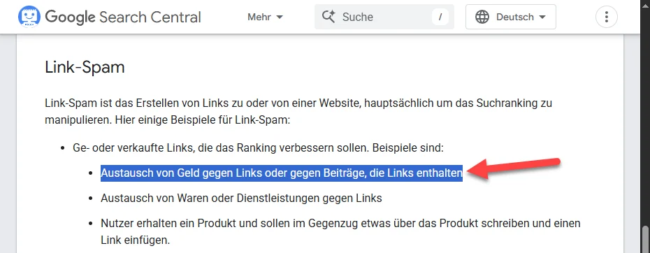 Screenshot der Google Search Central Seite zum Thema Link-Spam mit markiertem Abschnitt über den Austausch von Geld gegen Links oder linkhaltige Beiträge.
