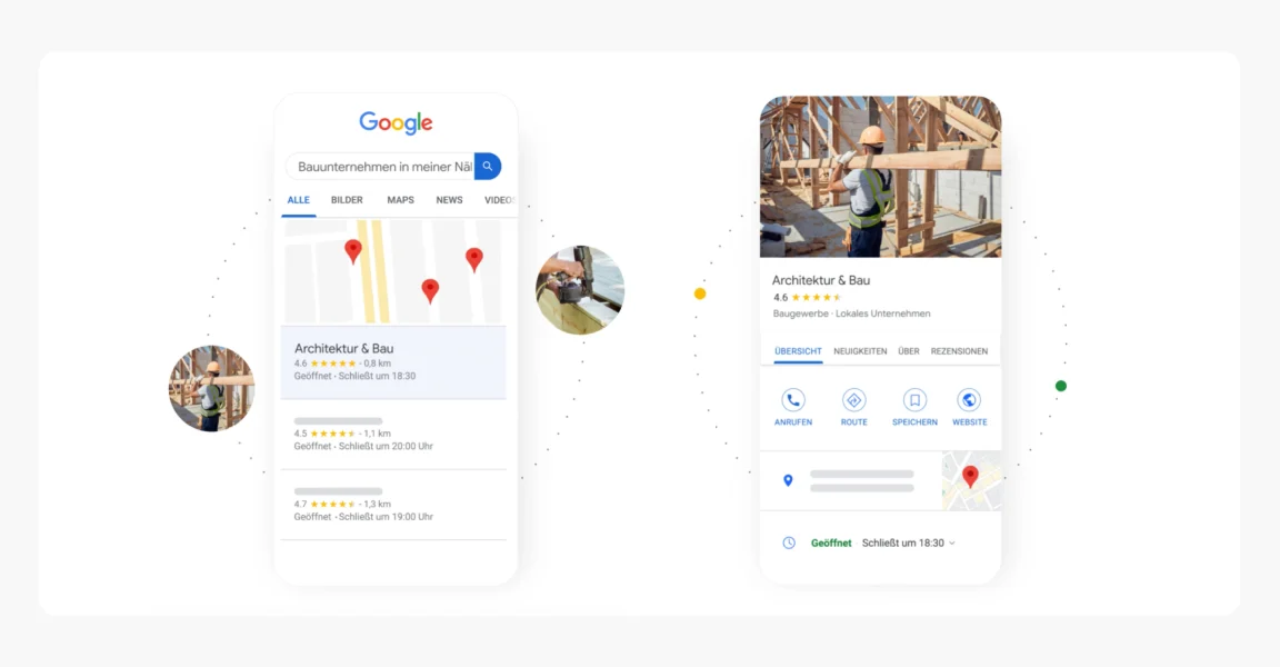 Beispiel für Google-Unternehmensprofil und lokale Suchergebnisse auf mobilen Geräten