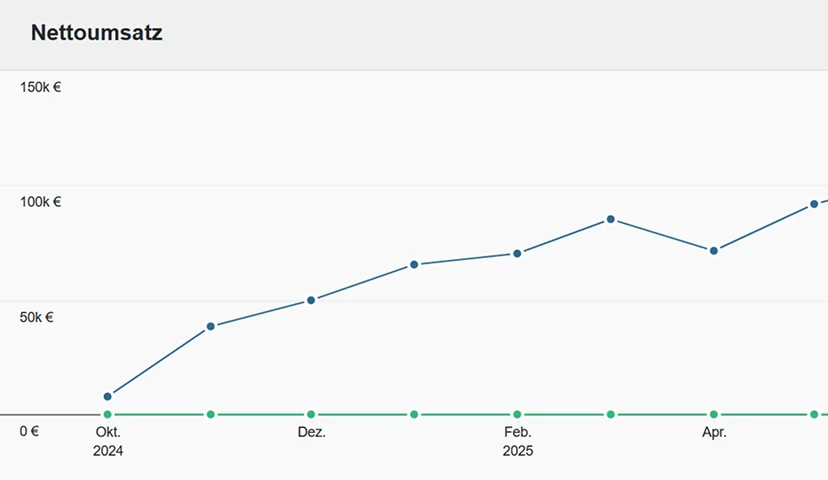 Liniendiagramm zeigt den steigenden Nettoumsatz eines Onlineshops von Oktober 2024 bis Mai 2025.