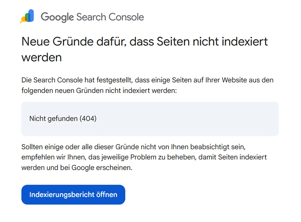 Google Search Console Meldung dass Seiten wegen Nicht gefunden Statuscode 404 nicht indexiert werden
