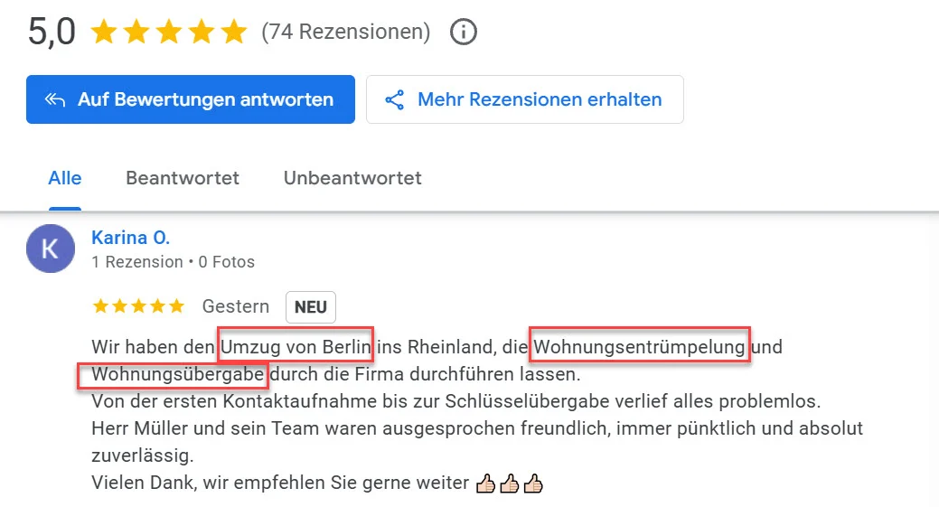 Positive customer review mentioning relocation from Berlin, apartment handover, and apartment clearing services, highlighting the company's professionalism and punctuality.