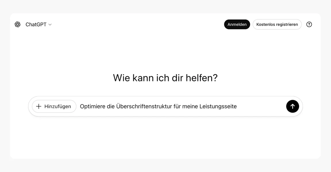 ChatGPT-Oberfläche mit Beispielanfrage zur Optimierung einer Überschriftenstruktur