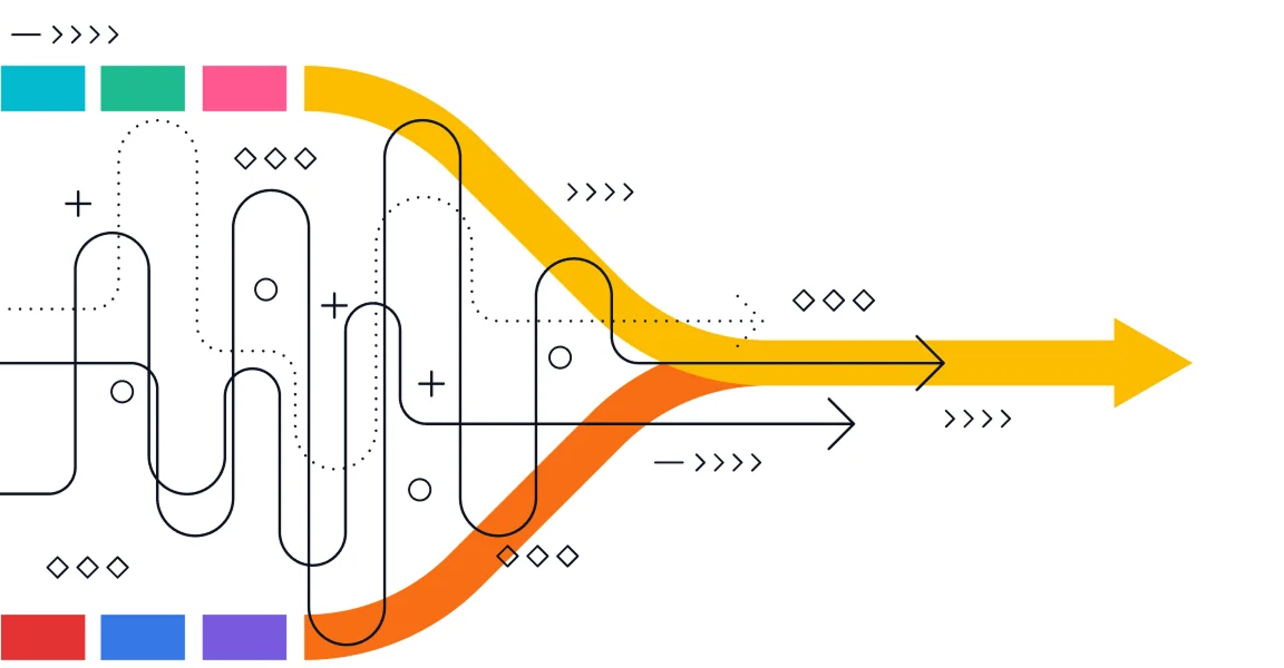 Komplexe Prozessgrafik mit farbigen Linien und Pfeilen, die strategische SEO-Planung und Fokussierung darstellen
