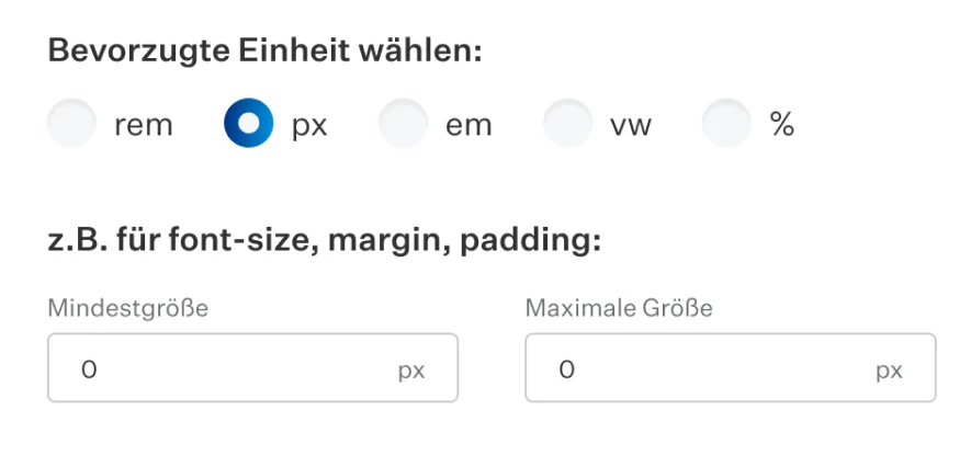 Einstellungsoberfläche eines SEO Tools zur Auswahl bevorzugter CSS-Einheiten wie px, rem, em, vw oder %, inklusive Eingabefeldern für Mindest- und Maximalgröße bei font-size, margin oder padding.