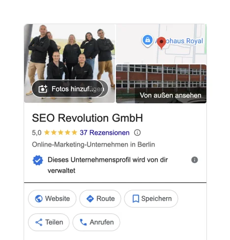Google-Unternehmenseintrag der SEO Revolution GmbH mit Teamfoto, Standortkarte und Bewertungsübersicht