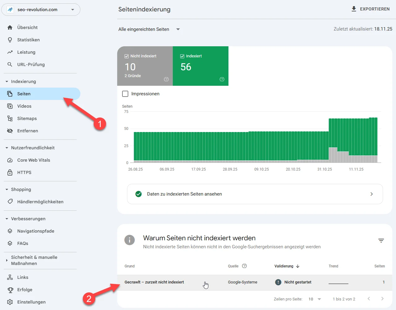 Google Search Console Seitenindexierung mit markiertem Menüpunkt Seiten und Hinweis auf den Fehler Gecrawlt zurzeit nicht indexiert