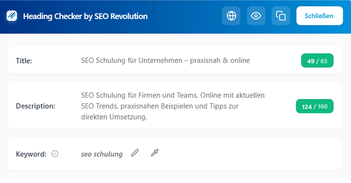 SEO Revolution Heading Checker mit Beispiel für Titel und Meta-Description einer SEO-Schulung