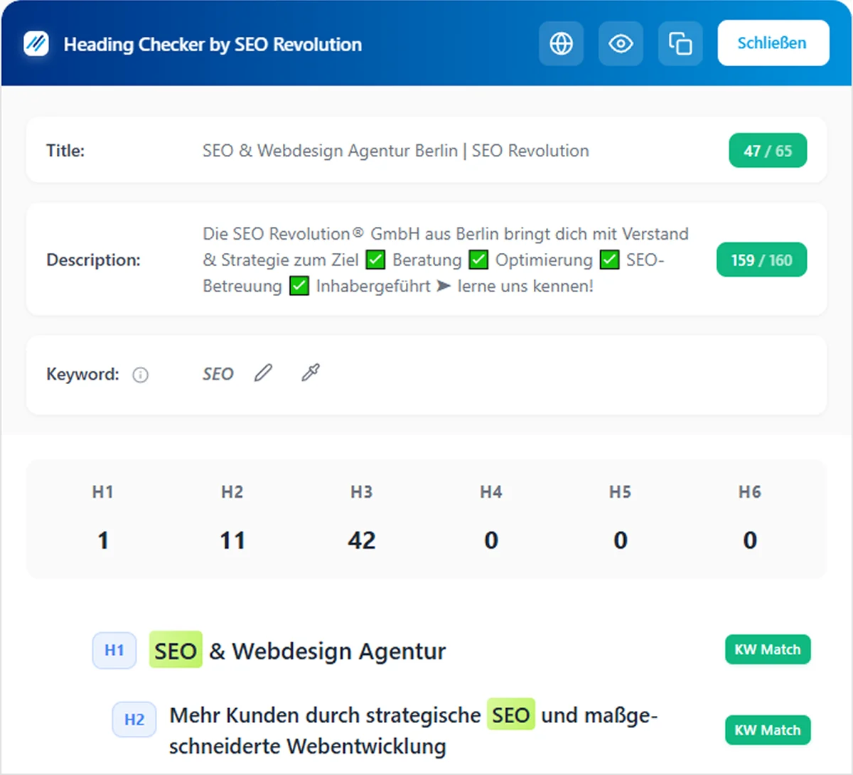 Screenshot des SEO Revolution Heading Checkers mit einer Übersicht der Überschriftenstruktur einer Webseite, inklusive Anzahl der H1 bis H6 Überschriften und hervorgehobenen Keyword-Treffern in den Headings.