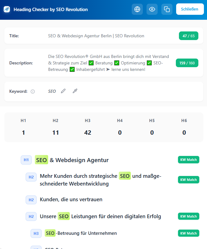 SEO Heading Checker Tool zeigt Analyse einer Beispielseite mit Title und Description Bewertung, einer Übersicht der vorhandenen Überschriften H1 bis H6 sowie markierten Problemen wie „Keine H1 vorhanden“, „Beginnt mit H2 statt H1“, „Duplikat“ oder „Zu lang“.