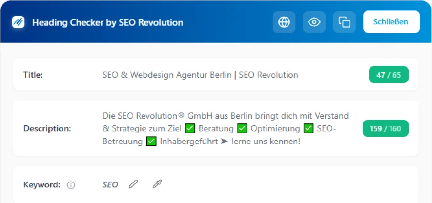 Screenshot des SEO Revolution Heading Checkers mit ausgefülltem Title- und Description-Feld für die Analyse von Meta-Daten.