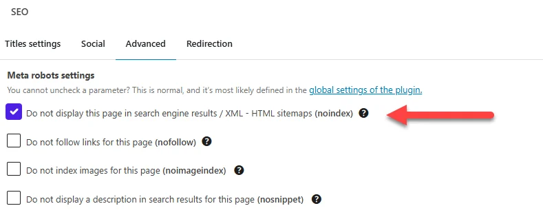 Einstellung im SEO Plugin zeigt aktiv gesetzte noindex Option mit Hinweistext zur Auswirkung auf die Indexierung in Google Search Console