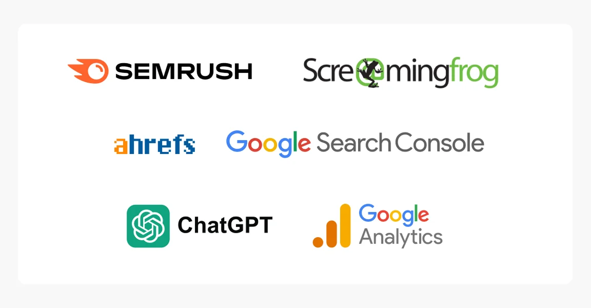 Übersicht bekannter SEO-Tools wie Semrush, Screaming Frog, Ahrefs, Google Search Console, ChatGPT und Google Analytics