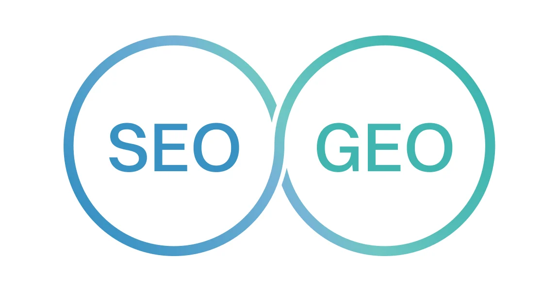 Zwei überlappende Kreise mit den Begriffen SEO und GEO in Blau und Türkis