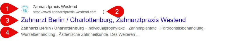 Aufbau eines SERP Snippets mit Favicon, Website-Name, URL, Title, Meta Description, Bewertungssternen und Sitelinks