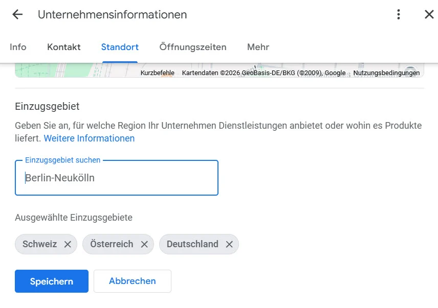 Google My Business-Oberfläche zur Festlegung des Einzugsgebiets für Unternehmensdienstleistungen, mit der Auswahl von Berlin-Neukölln und Deutschland als Zielregion.