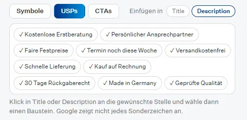 Symbole, USPs und Call to Actions für Title und Meta Description einfügen