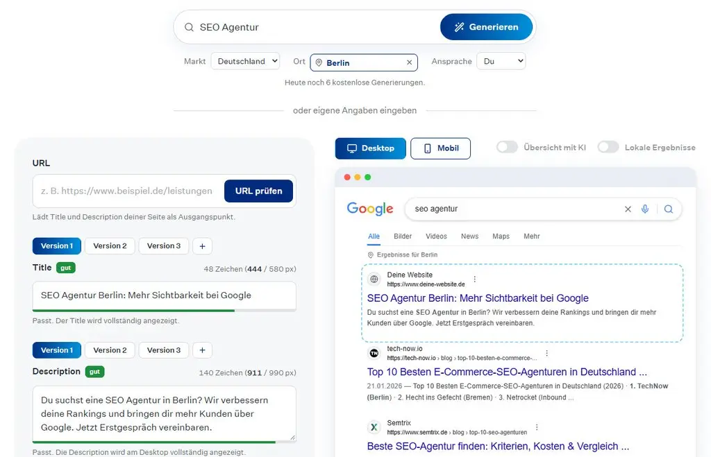 AI SERP Snippet Generator mit drei KI-Versionen für Title und Meta Description
