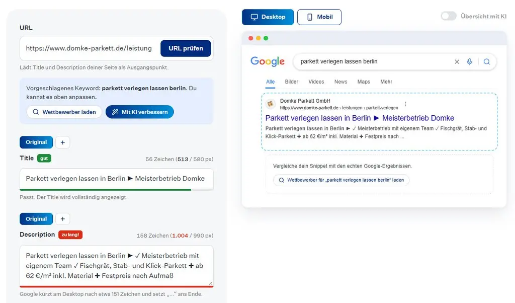 Bestehenden Title und Meta Description einer URL im Snippet Generator prüfen